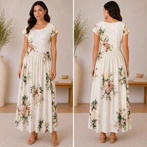 Peruvian Connection Floral Maxi Dress Medium Cream Pockets Viscose Cottagecore